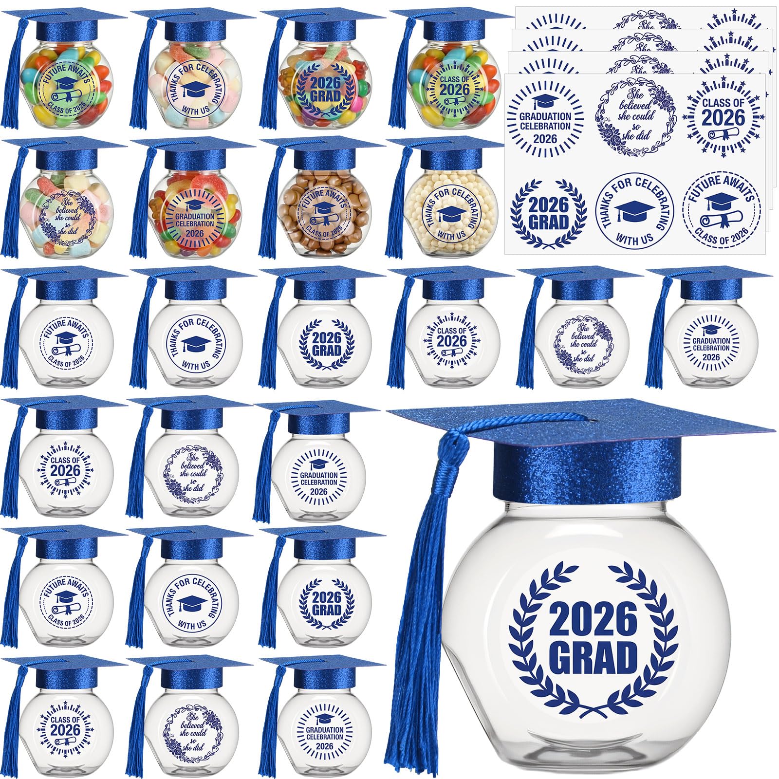 Photo 1 of Yinkin 36 Pcs Graduation Cap Candy Jars with Sticker of 2026 Graduation Party Decorations Grad Cap Jars Container with Tassels for DIY Grad Table Party Favors (Blue)