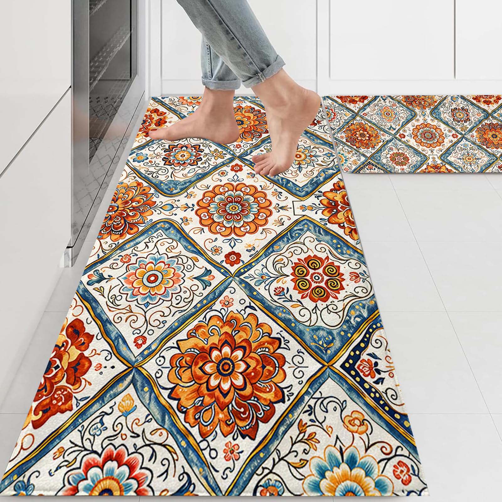 YUAOEUR 2 Piece Kitchen Rugs Set, Non Slip Washable Absorbent Floor Mats, Cushioned Standing Mat for Kitchen Sink, Entryway, Laundry Room, Hallway, Office Home Decor (Moroccan Trellis Cream)