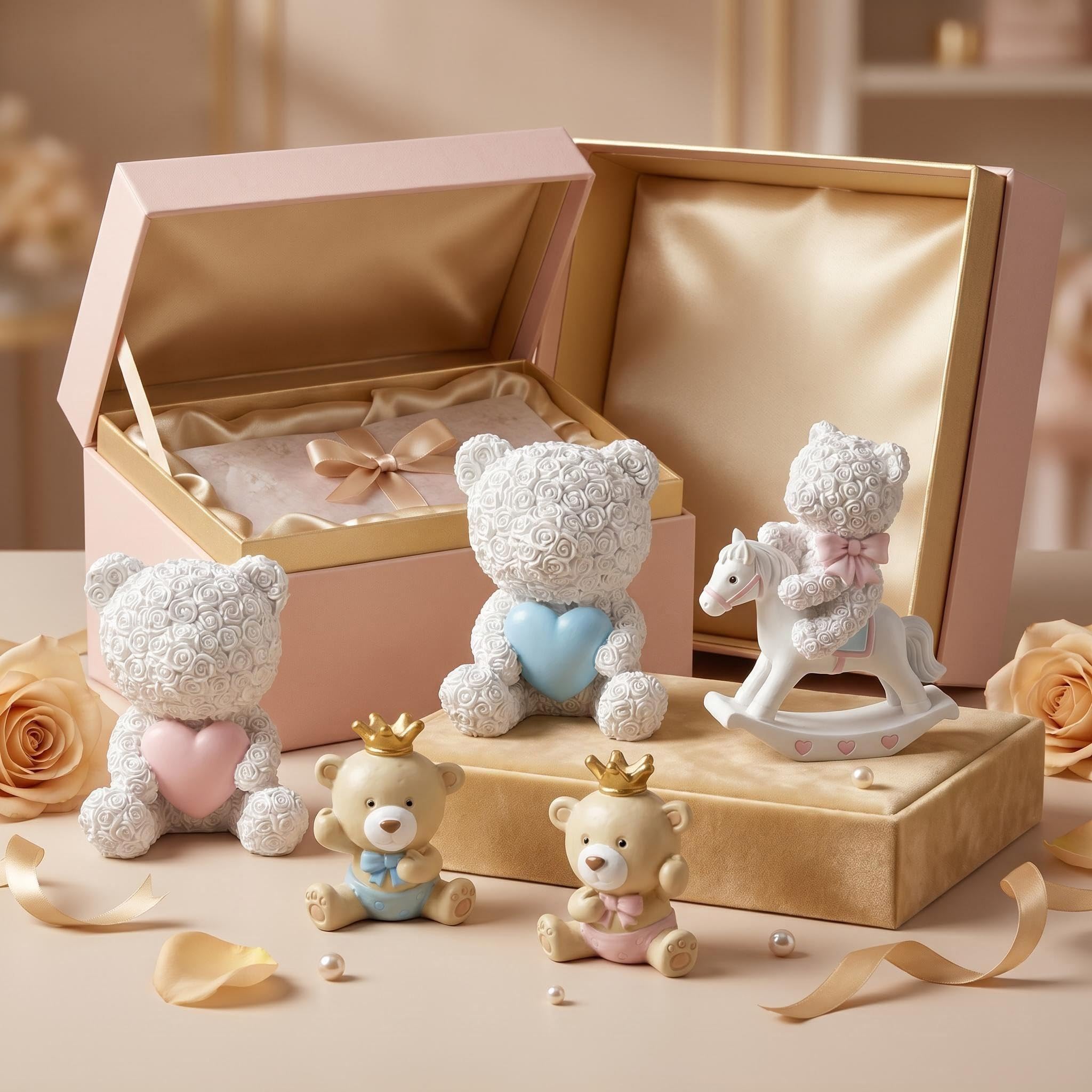 Bomboniere Orsetti in Resina per Battesimo Nascita Bimbo Bimba e Baby Shower 12 Pezzi (Stile B)