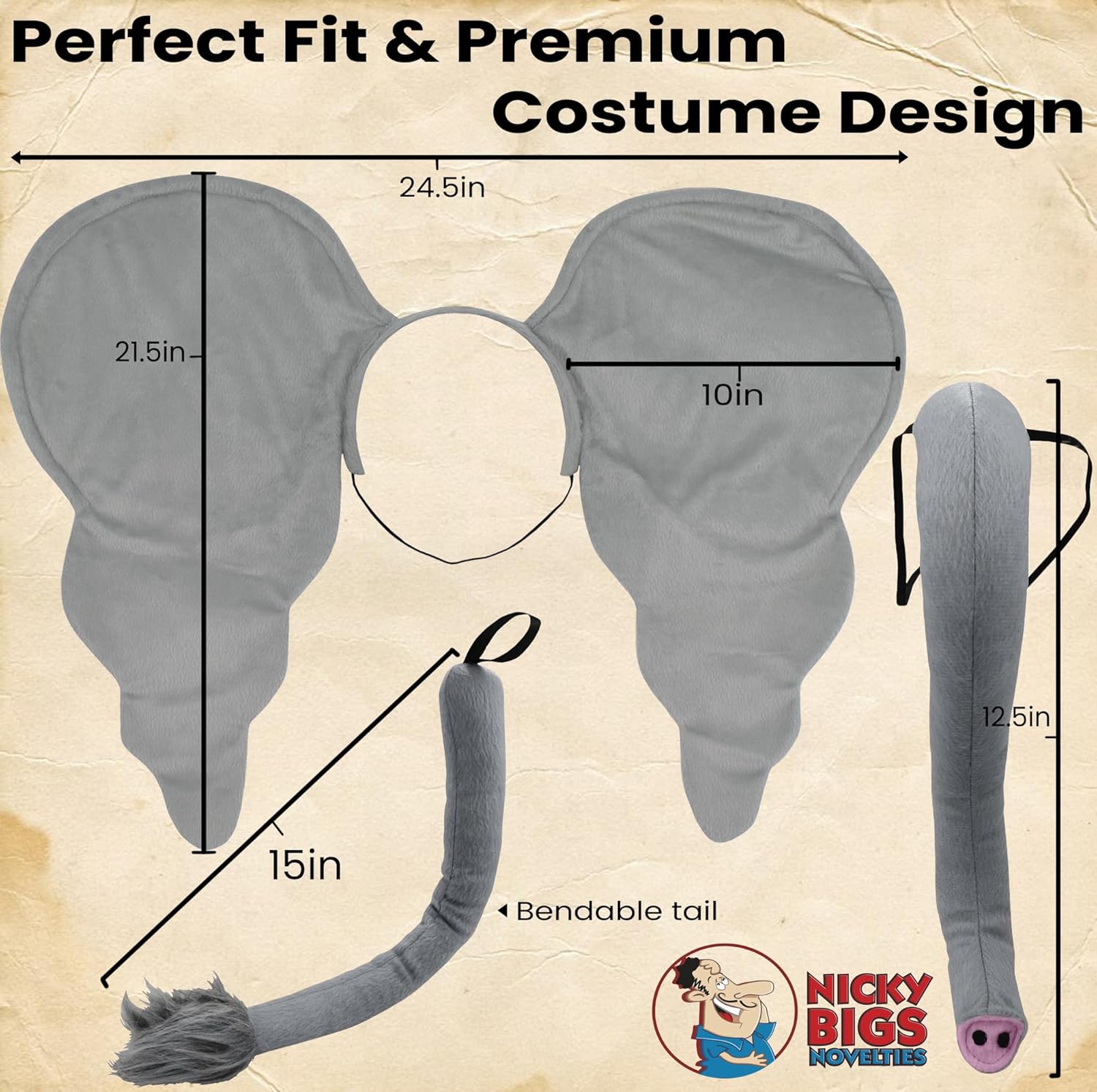 Nicky Bigs Novelties Elephant Ears, Elephant Hat, Ears And Nose, Elephant’s Costume Adult, Animal Costume For Adults - Image 2