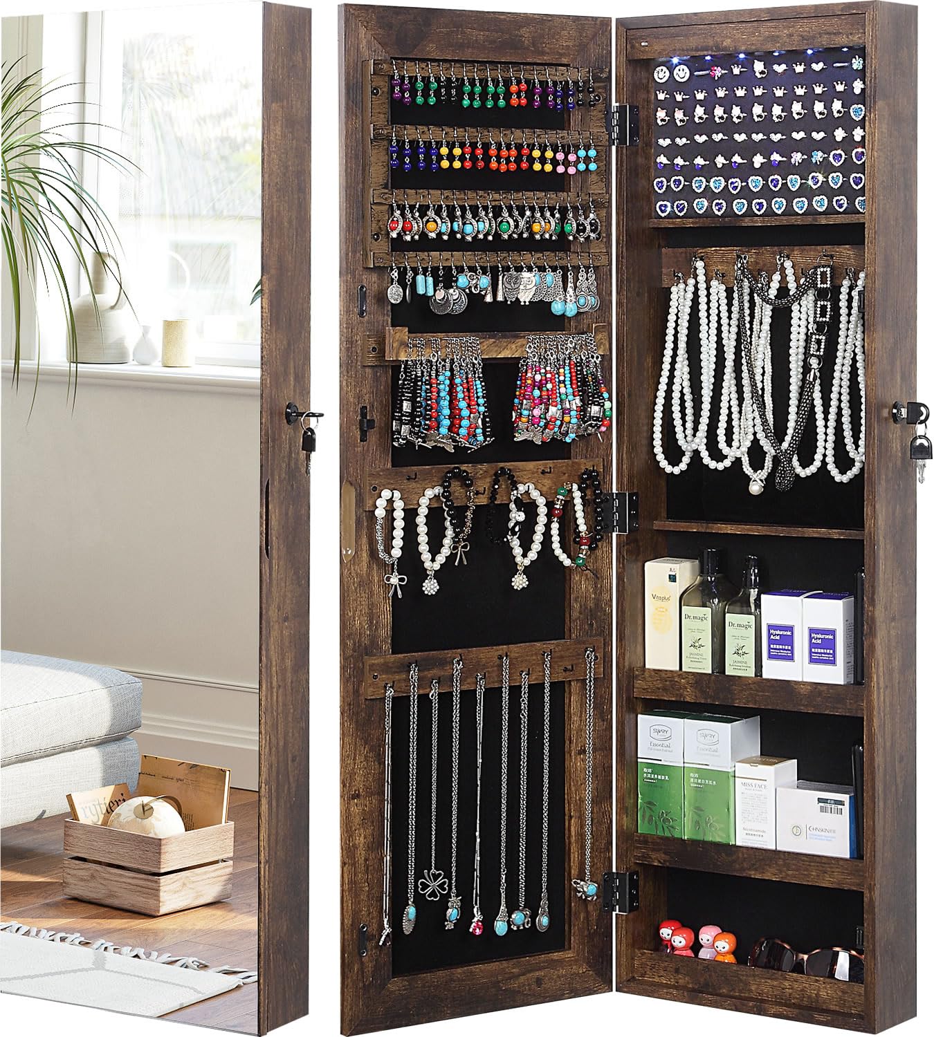 GISSAR Full Length Mirror Jewelry Cabinet, 6 LEDs Jewelry Armoire Wall Mounted Over The Door Hanging, Jewelry Organizer Display Storage Furniture with