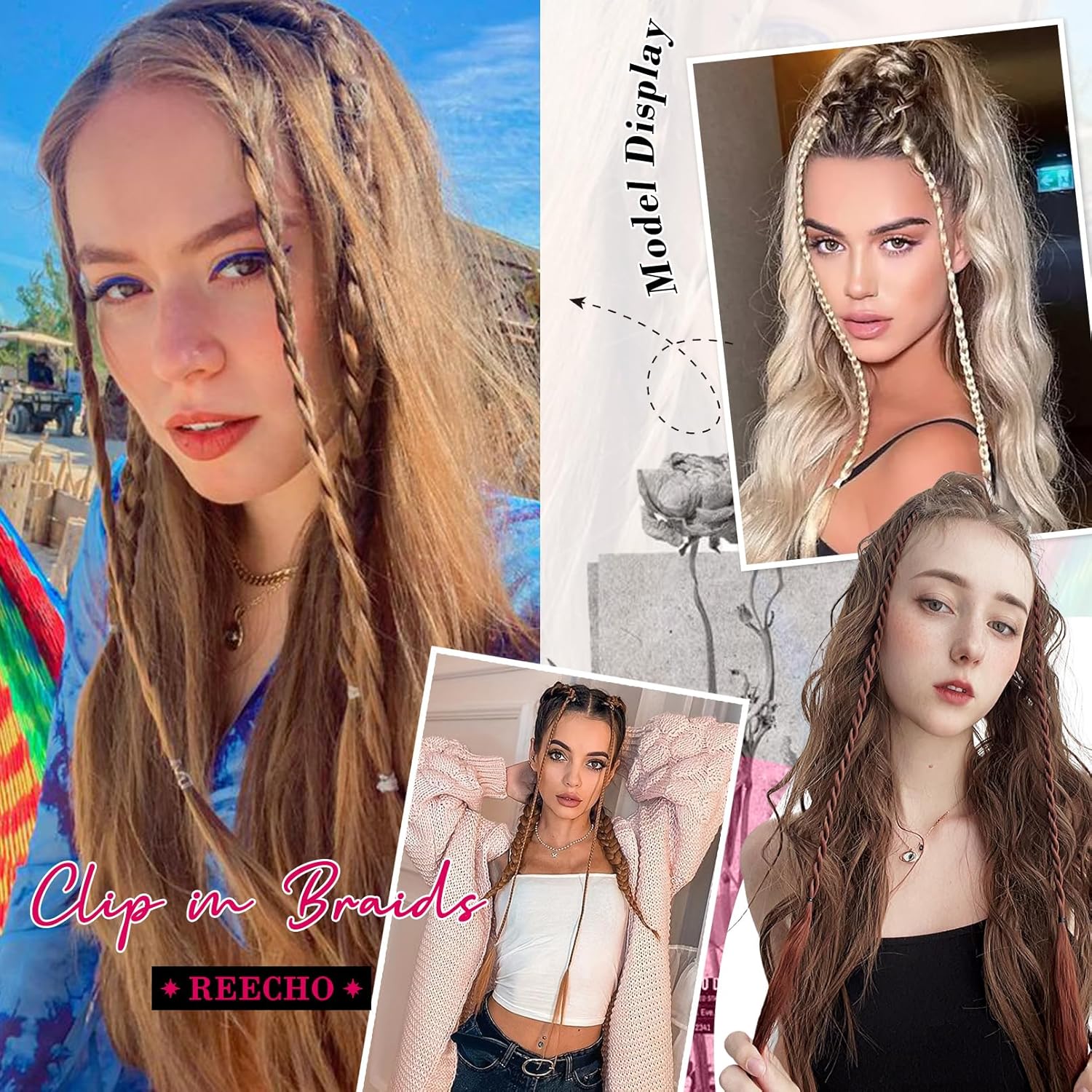 REECHO Clip in Braids Hair Extension, 6 Braids Total, 22" Long Natural Soft Synthetic Hairpieces (Light Ash Brown with Highlights) - Image 5