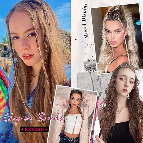 Miniatura 5 de REECHO 6 extensiones de cabello trenzado con clip, trenzas de bebé, 22 pulgadas de largo, natural, suave, sintético, para mujeres y niñas (borgoña)