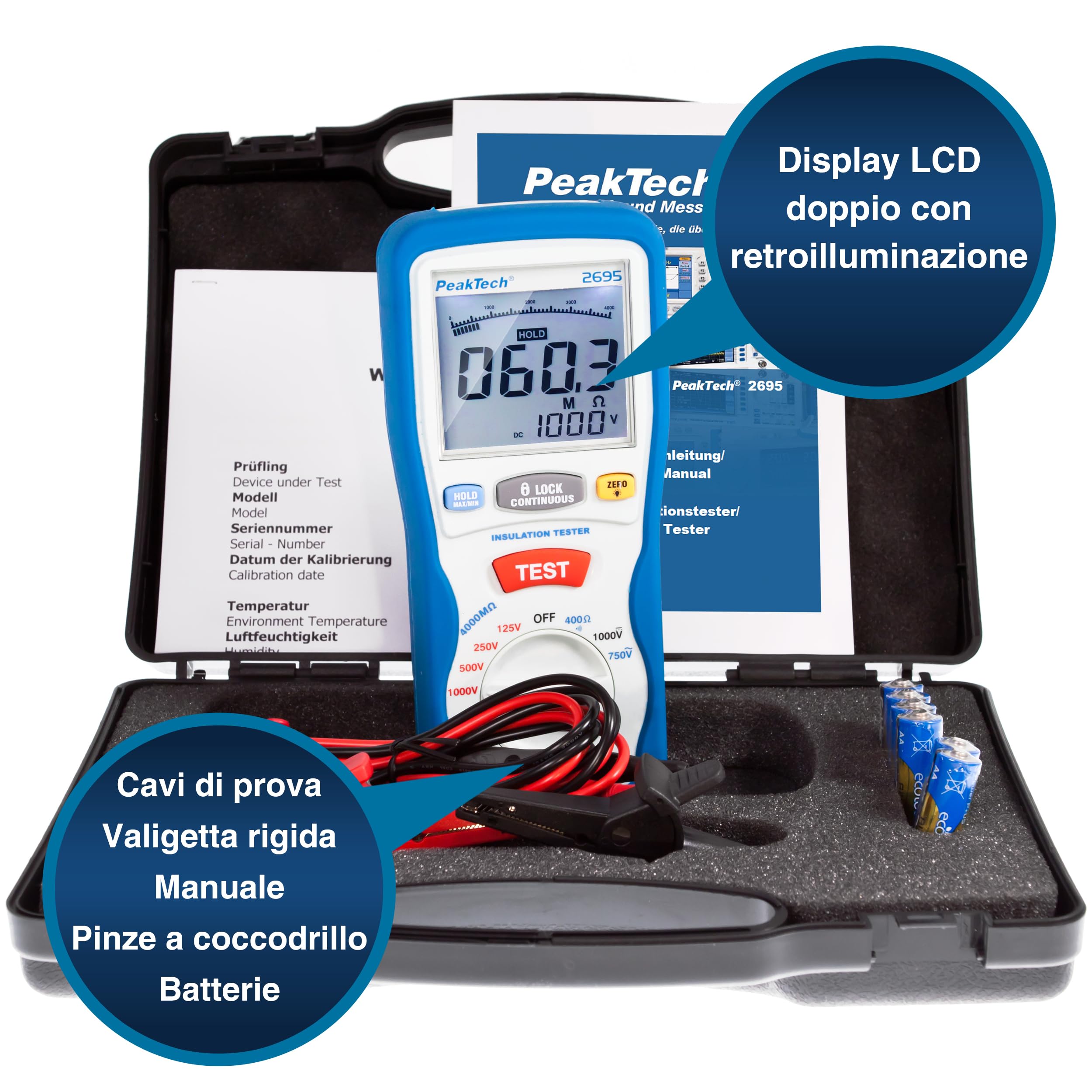 Peaktech P 2695 - Tester per Isolamento Elettrico, Voltmetro, Tester di Continuità, Circuiti e Fusibili, Funzioni Min/Max e Blocco Dati, Tüv/Gs - 125 V, 250 V, 500 V, 1000 V