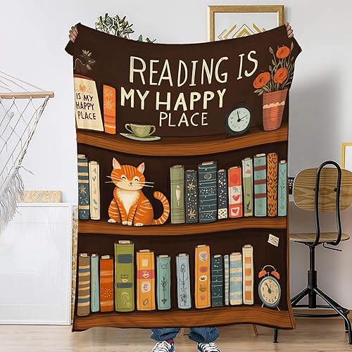 Fall Throw Blanket,Bookshelf Throw Blanket for Couch Home Decor,Cute Cat