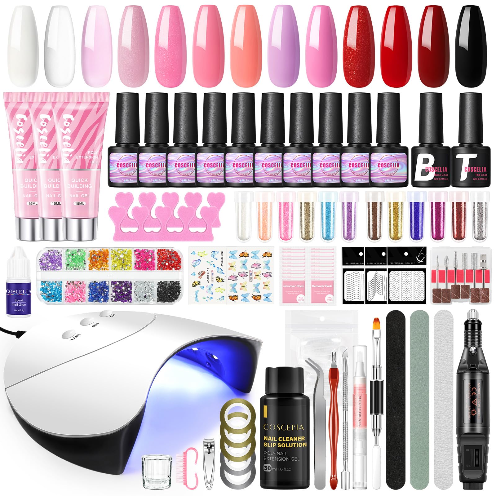 COSCELIA Kit Uñas Semipermanentes Con Esmalte Semipermanente Clavas De 10 Colores, Poly Kit De Gel De Extensión De Uñas De 3 Colores, 36W Lampara U-V/Led Uñas Kit De Manicura Y Pedicura