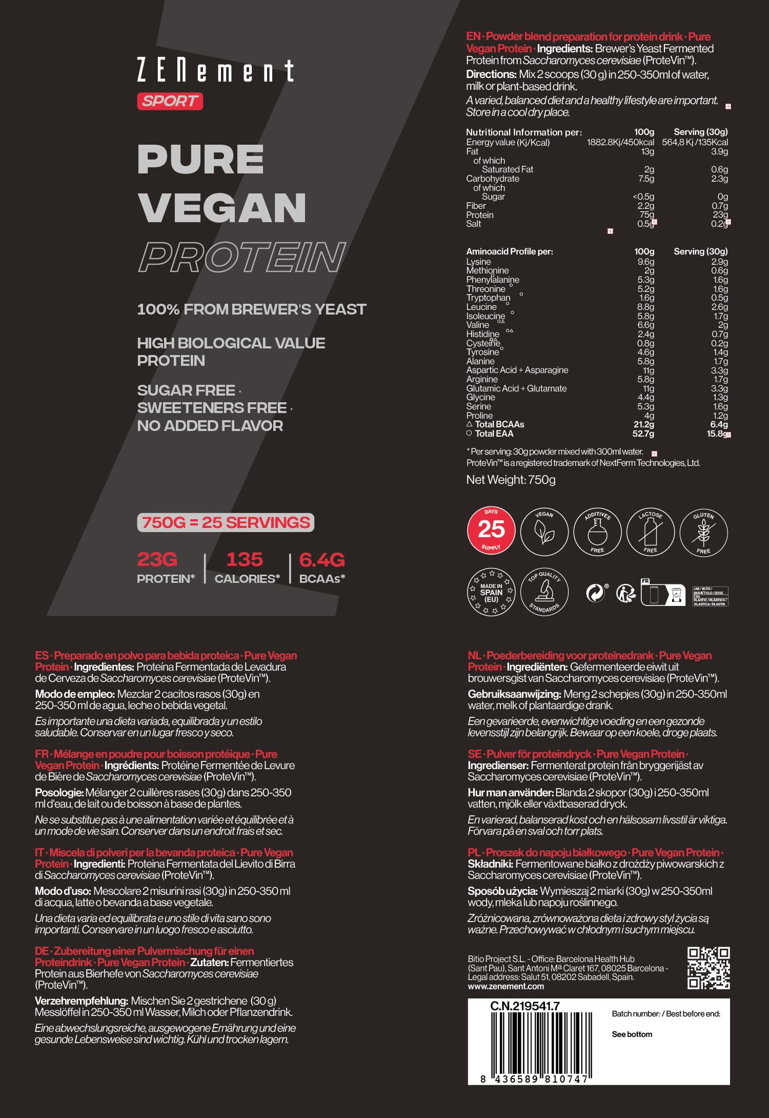 Protéine Végétalienne de Levure de Bière - Riche en Protéines - Assimilation Facile - Sans Sucre ni Édulcorants, Sans Gluten, Sans Arômes Ajoutés - 750 g - Zenement