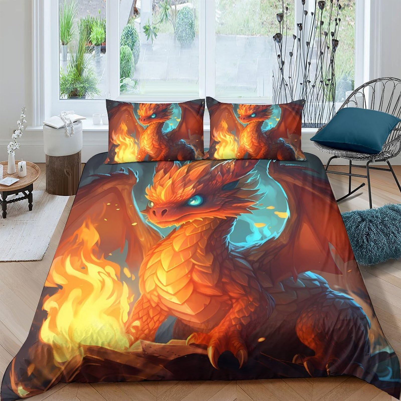 Ctjqhvkz Style-8 3D Printed Fiery Dragon Fitted Sheet Microfiber Soft Breathable Fantasy Flames Mattress Cover For Bedroom Dorm Decor Single（135X200cm）