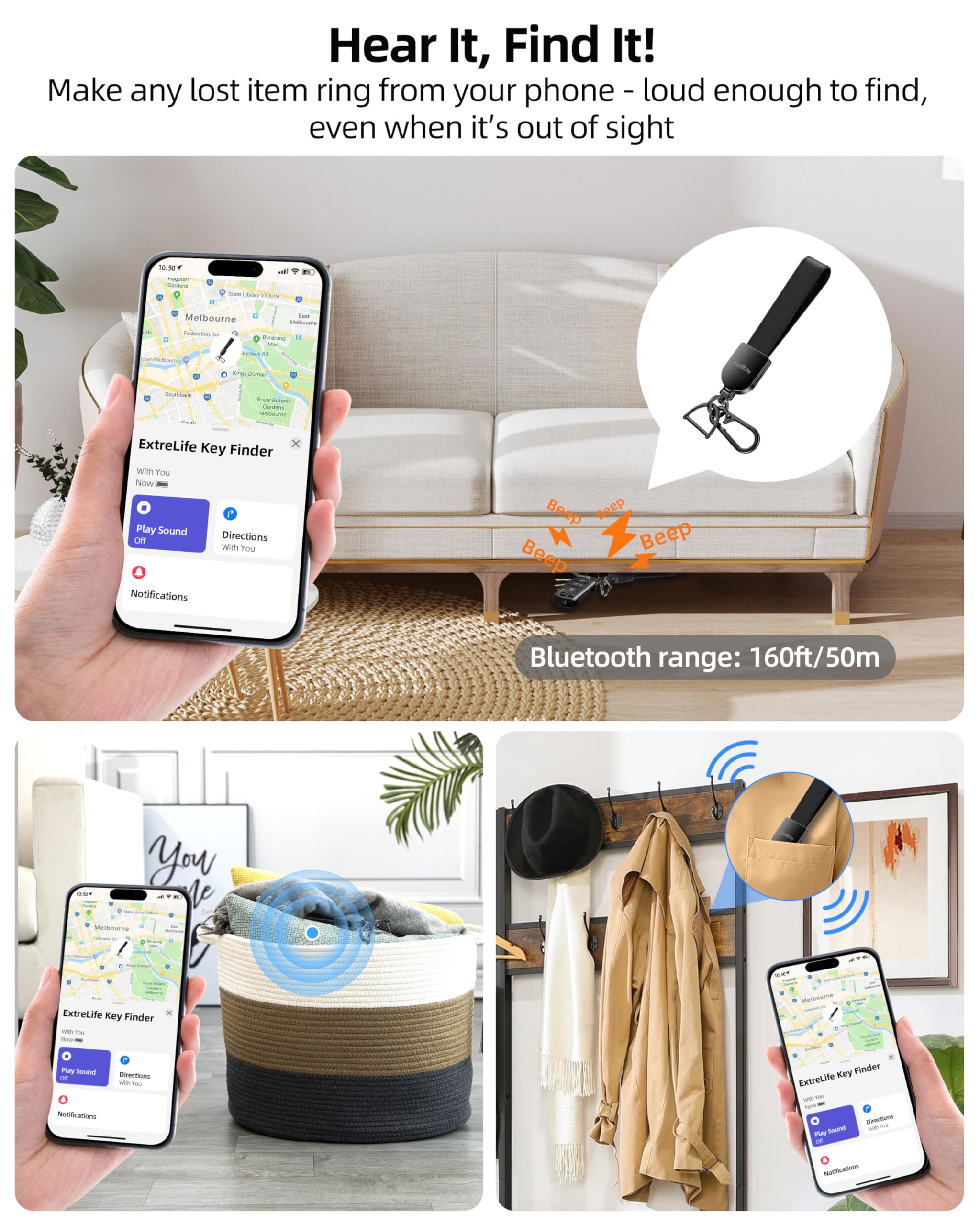 Portachiavi in pelle, funziona con Apple Find My, con localizzatore GPS | Portachiavi per auto per donne e uomini, portachiavi per auto, anti-smarrimento, ricaricabile, nero