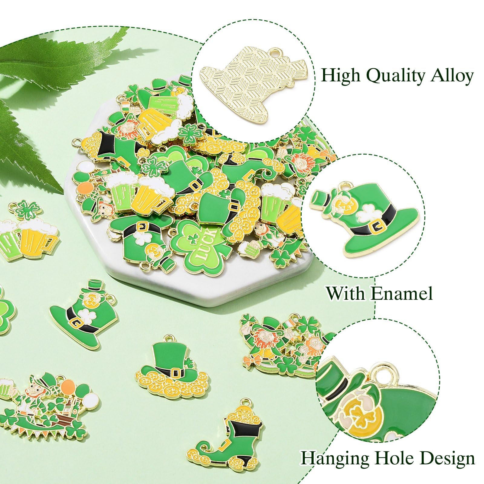 Stiesy 28Pcs 7 Styles St Patrick's Day Theme Charms Pendants Enamel Shamrock Clover Charm Green Hat Beer Charms for Jewellery Making DIY Bracelet Crafting - Image 3