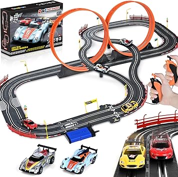 Boy Toys Gifts for 6 7 8-12 Years Old, Slot Car Race Track Sets with 4 Slot Cars, Battery or Electric Car Track for Boys, Dual Racing Game Lap Counter Circular Overpass Track Gifts for Kids