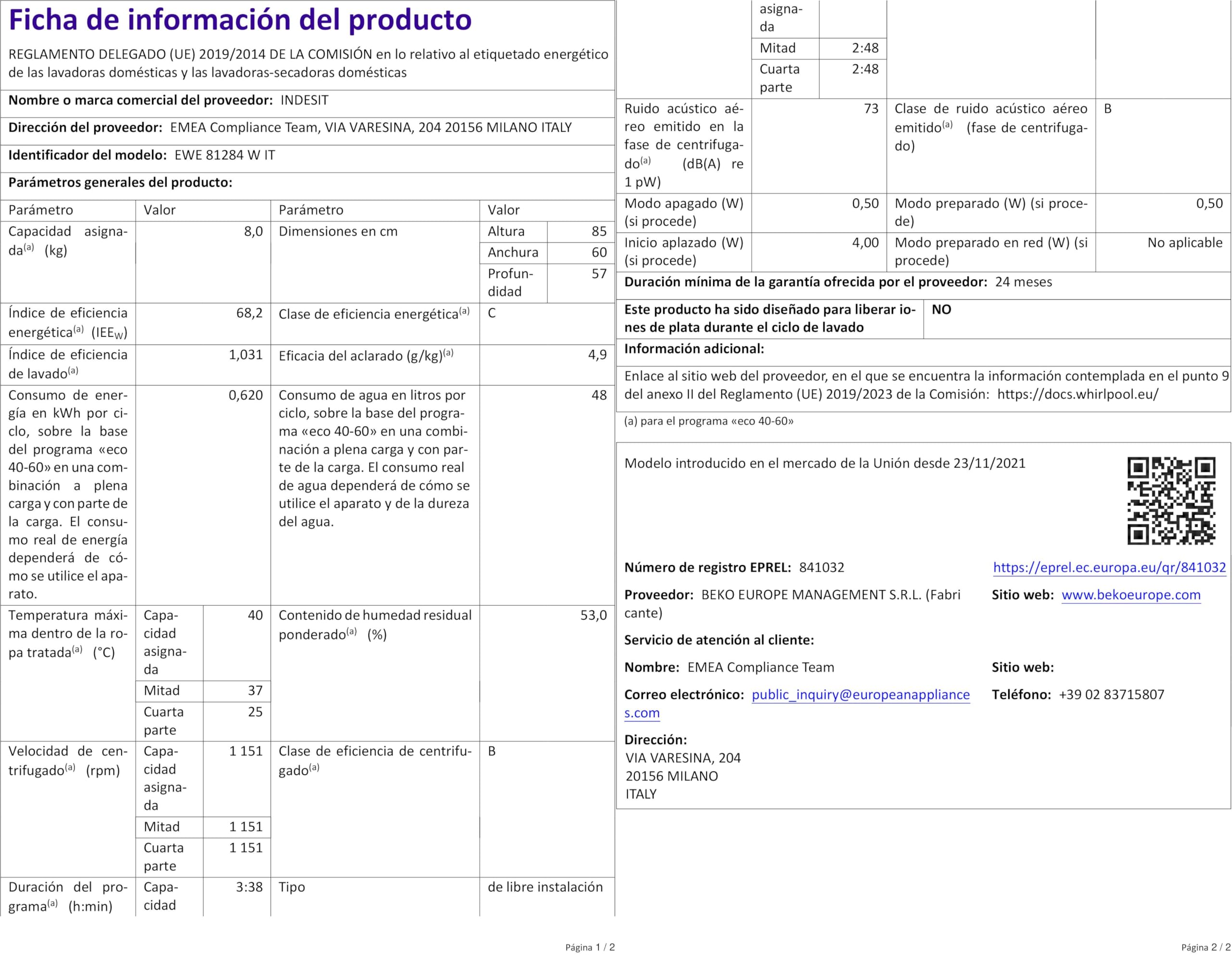 Indesit EWE 81284 W IT- Lavatrice 8kg Libera Installazione, Carica Frontale. Centrifuga 1200 Giri Al Minuto. Larghezza 59,5cm, Profondità 57,2cm, Altezza 85,0cm, Classe Energetica C