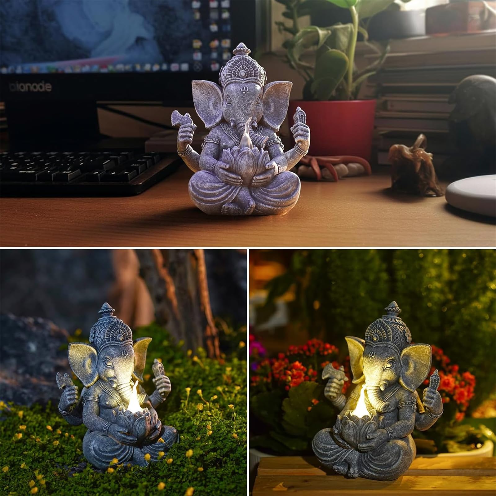 Yeomoo Ganesha Figura Buddha con lampade solari per la decorazione del soggiorno, della scrivania, dell'accessorio: Ganesha Zen Giardino Buddha Figura regalo per uomini donne mamma resistente alle
