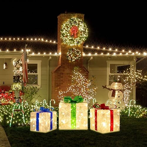 Miniatura 3 de Paquete de 3 cajas de regalo iluminadas con 70 luces LED de Navidad, decoraciones navideñas para interiores y exteriores, adorno de falda de árbol