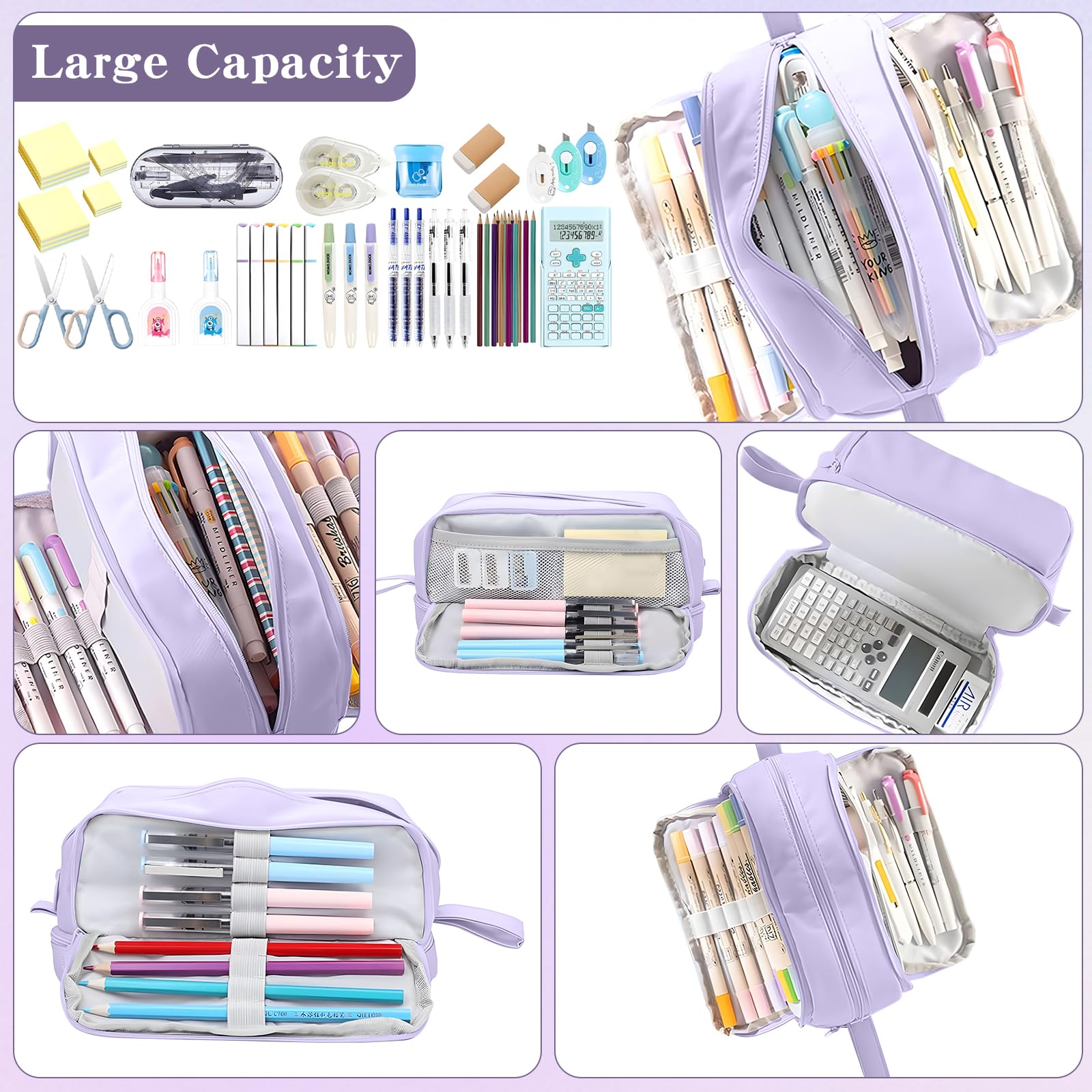 Purple Pen Case Large Capacity with 4 Compartments Pencilcase with Zip on Bottom Zipped Stationery Pouch Bag Pencil Pouch Case for Girls Boys Stationery Organizer Pouch for School Office Supplie - Image 4