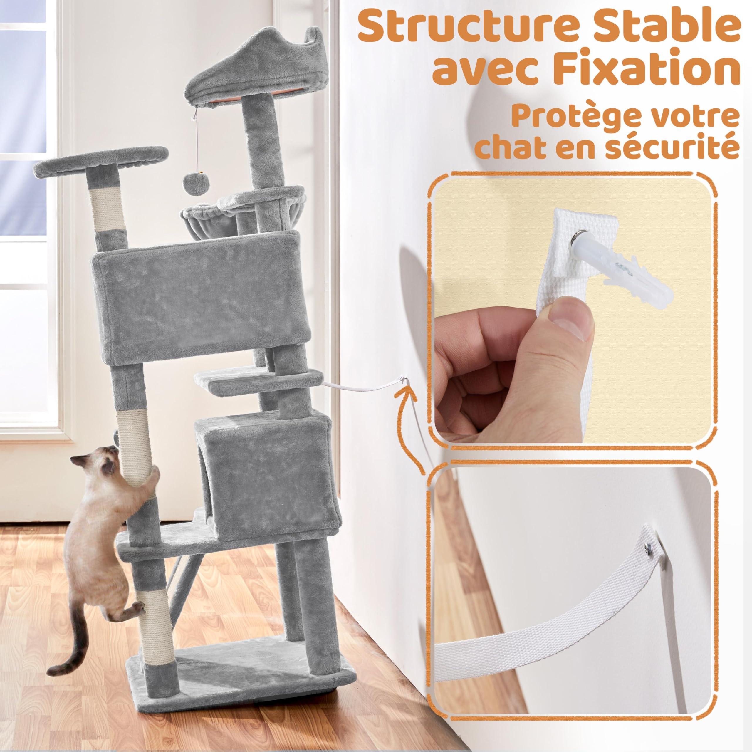 Yaheetech Arbre à Chat Multiniveau Tour pour Chat avec Cachettes Panier Perchoirs Rampe Poteaux en Sisal Boule Suspendue Tour d'escalade pour Chatons 145 cm de Haut Gris Clair