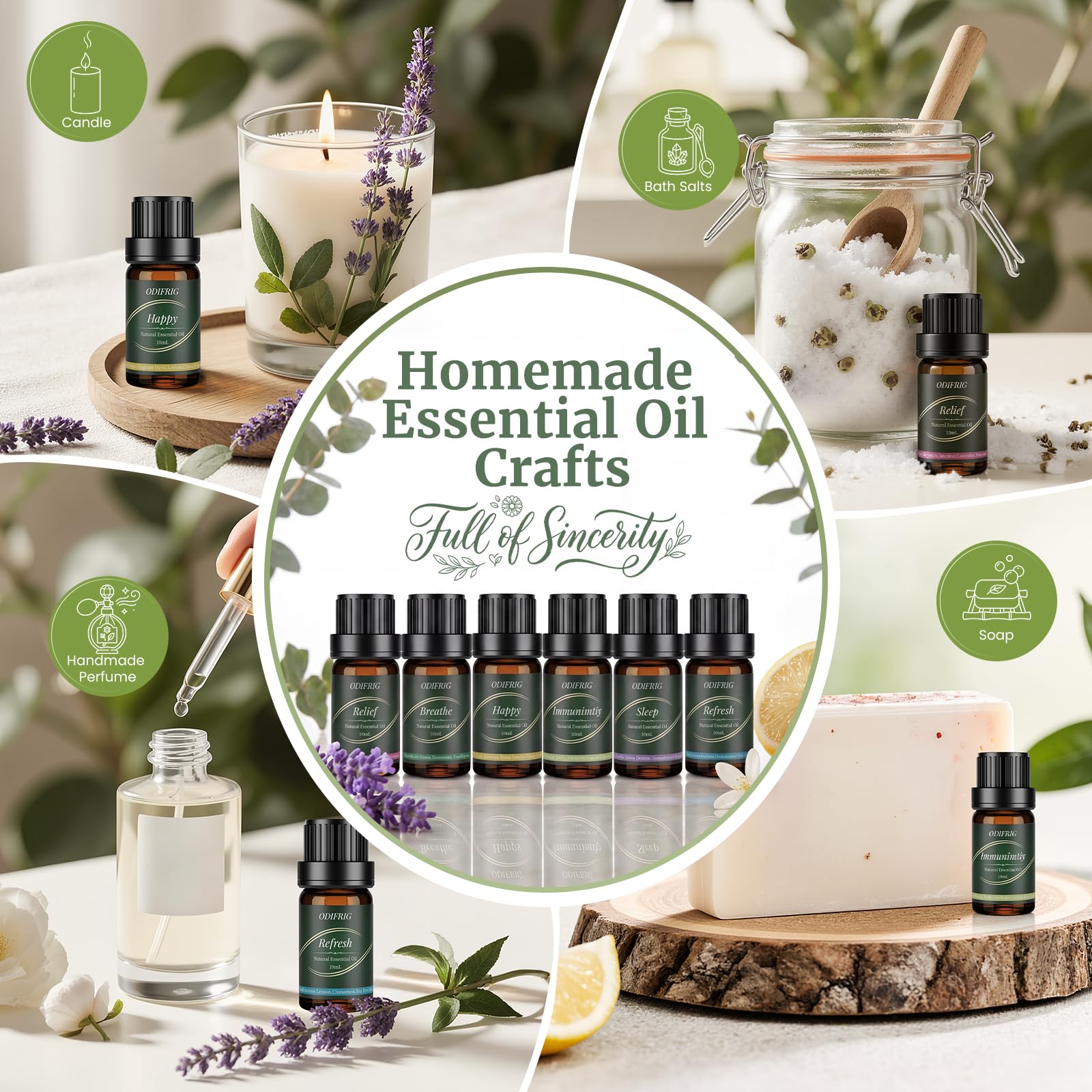 Oli Essenziali per Diffusore 6x10ml,Set Oli Essenziali Naturali per Aromaterapia Relax, Sonno,Anti Stress e Benessere,Spa Casa, Umidificatore - Refresh,Relief,Sleep,Breathe,Immunity & Happy