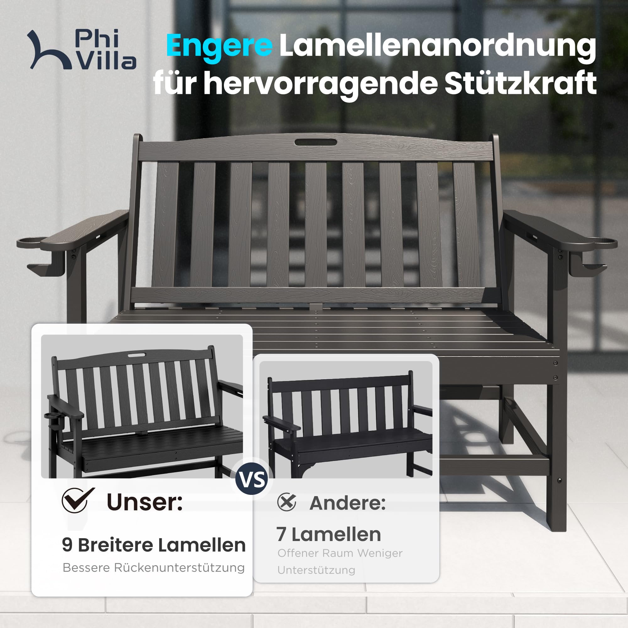 PHI VILLA Gartenbank Wetterfest aus HDPE Bank Outdoor mit 318 kg Tragfähigkeit für 2-3 Sitzer Sitzbank für Terrasse, Park, Garten und Veranda Schwarz
