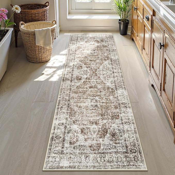 Uphome Bathroom Runner Rug, Distressed Tribal Farmhouse Light Khaki Bathroom Mat, Large Bathroom Rugs Non Slip Washable, Oriental Retro Boho Bath Mat Runner for Bathtub Sink Hallway, 24x71 inch
