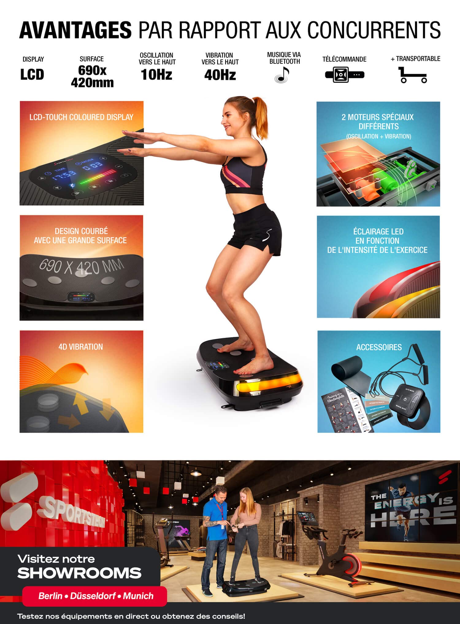 Sportstech VP400 Plateforme Vibrante Oscillante Professionnelle Fitness avec Technologie de Vibration 4D, fréquence jusqu'à 40Hz, Design courbé, 2 puissants Moteurs + télécommande + écran Tactile