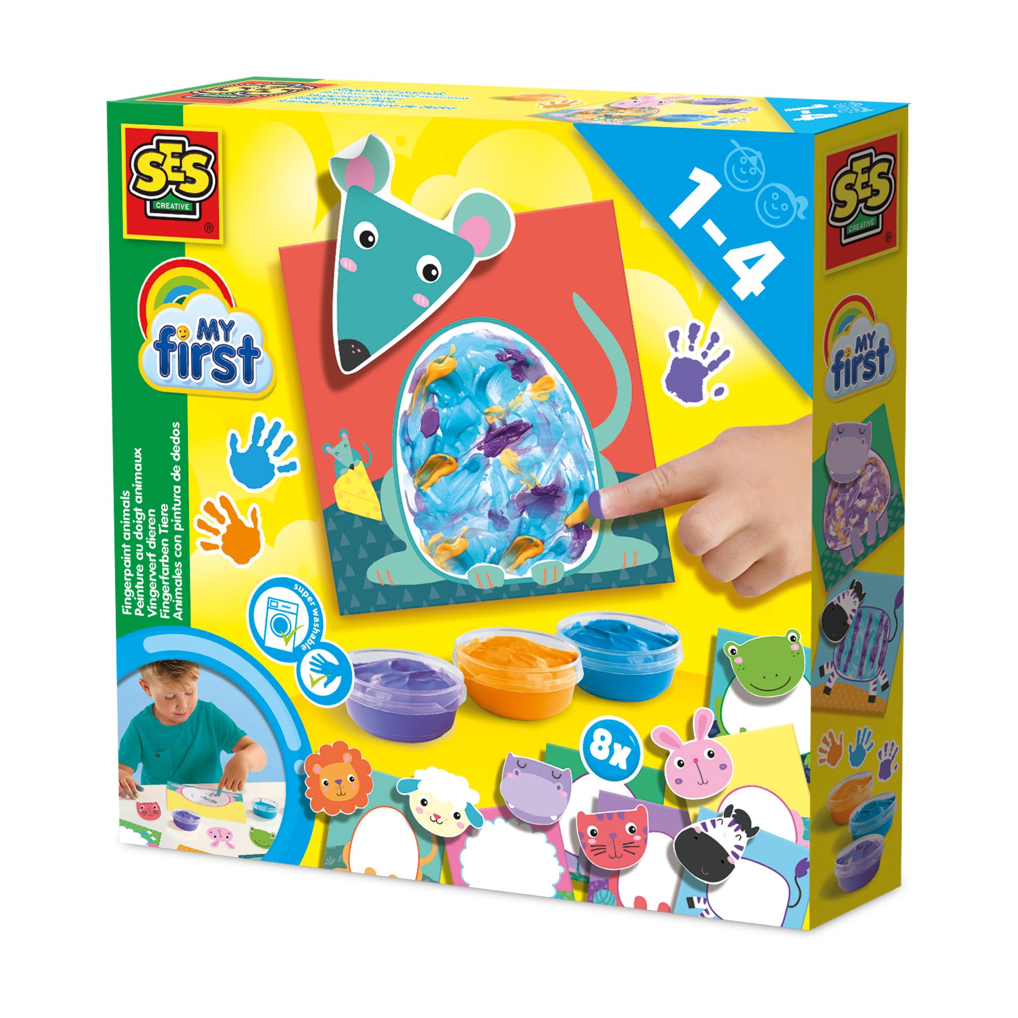 SES Creative 14444 - My First - Fingerpaint Animals, Bright Colours, Paint Set with 8 Painting Cards and 8 Large Animal Stickers for Young Children