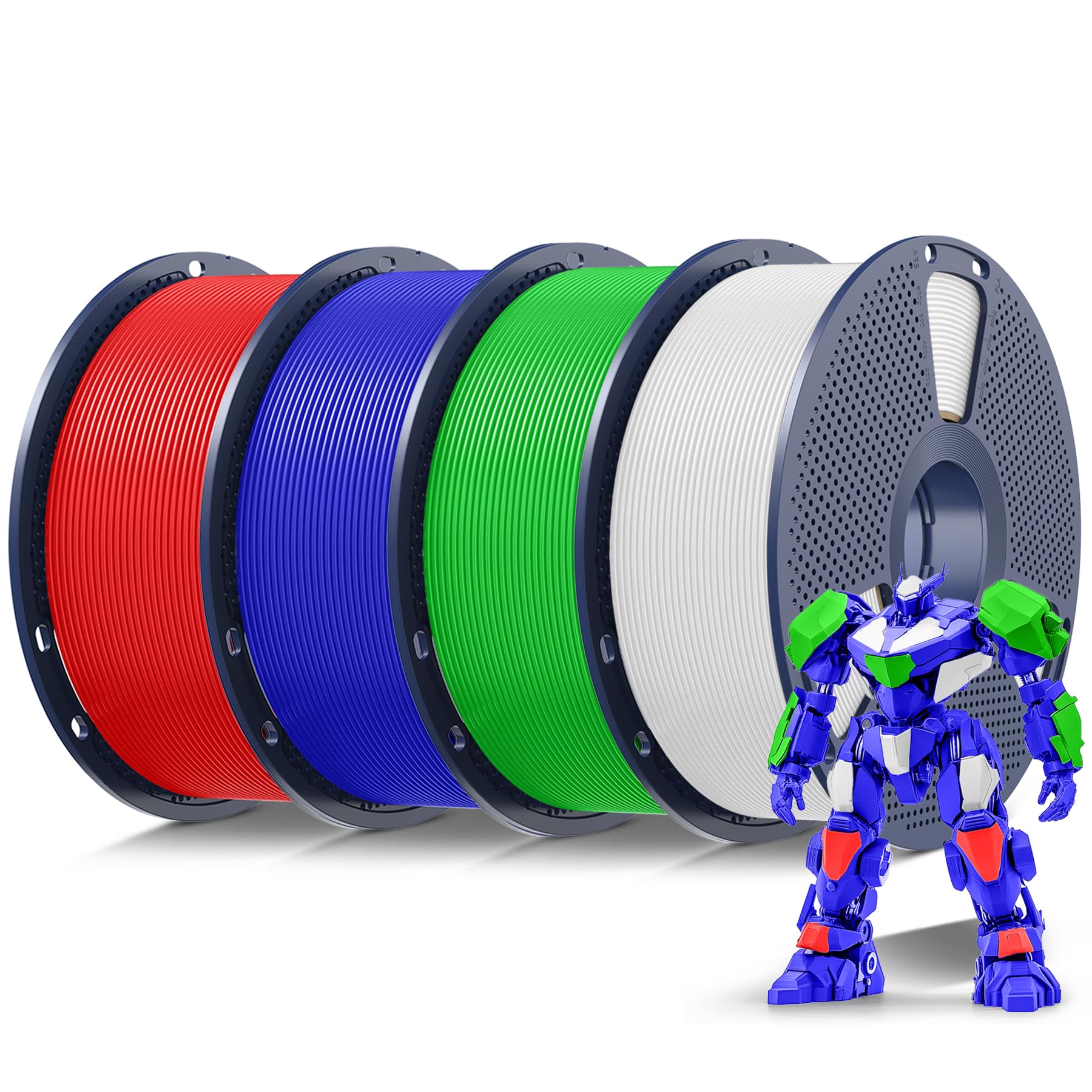 SUNLU Filament PLA 4 kg, 1,75 mm, do drukarki 3D, dokładność pomiaru +/- 0,02 mm, czysto nawinięta szpula 1 kg, do większości drukarek 3D, biały + zielony + niebieski + czerwony, 4000 g