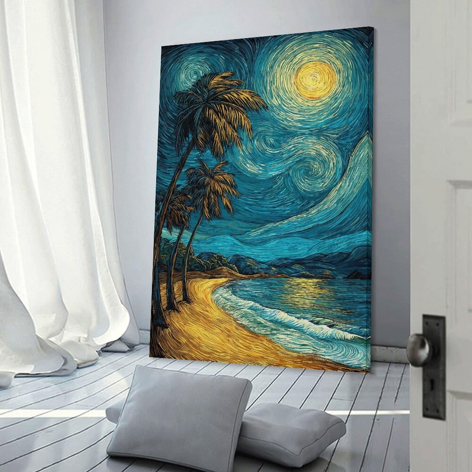 Junmoney Frame-Style-20 Wall Picture Print Starry Night Beach, 20X30inch(50X75cm), For Contemporary Homes, Apartments Or Offices, Decorative Canvas Decor For Home Updates