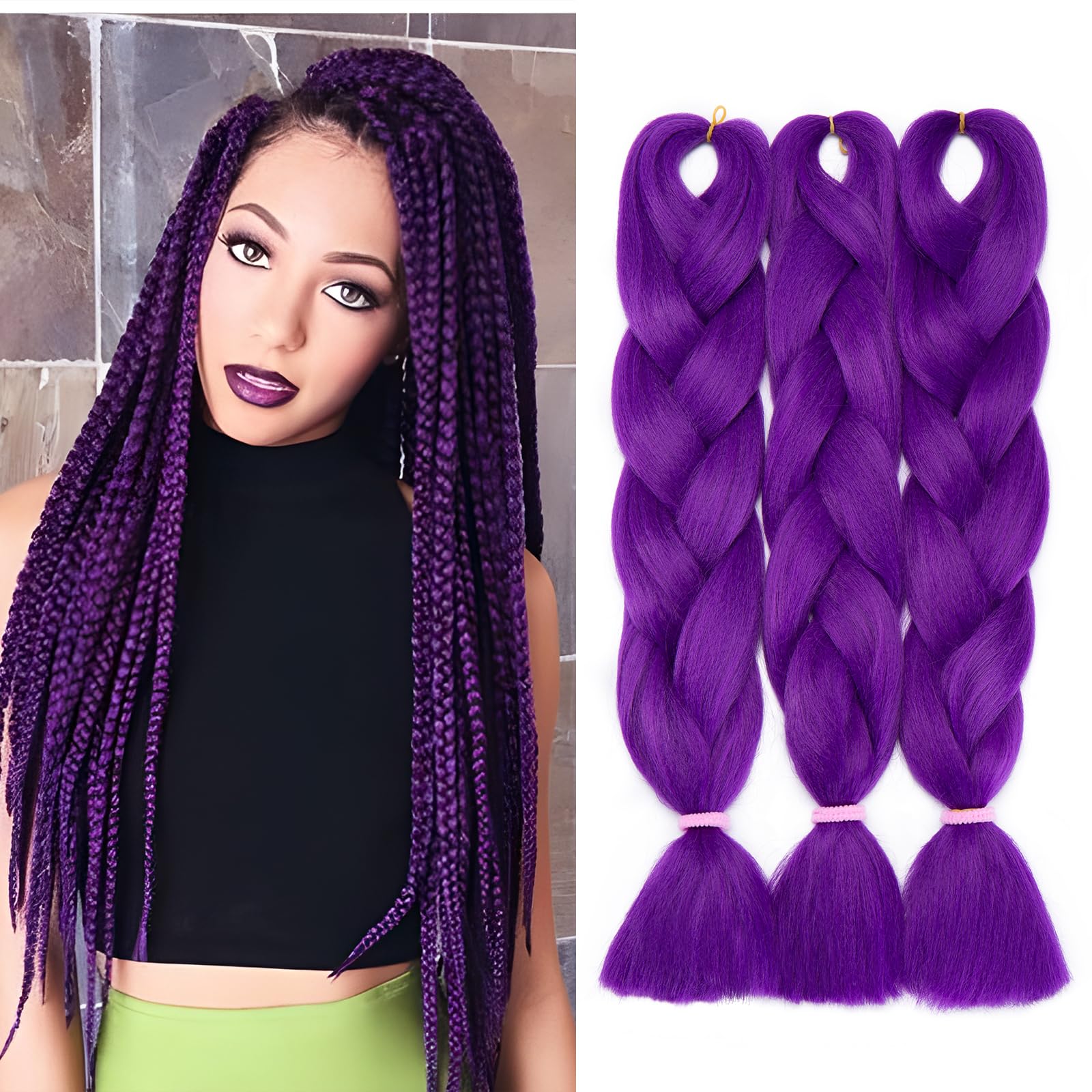 Benehair 3 Packs 24 Inch Braid Extensions Jumbo Box Braiding Hair for Twist Colorful Synthetic Hair Extensions for Braiding Purple Hair Extensions for Women(3 Packs