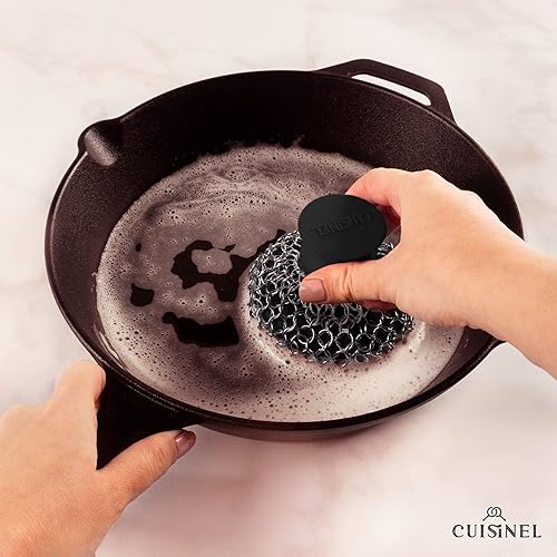 Miniatura 7 de Limpiador de malla de hierro fundido + raspador de sartén, limpiador ergonómico de lujo de acero inoxidable y silicona para ollas y sartenes, diseño
