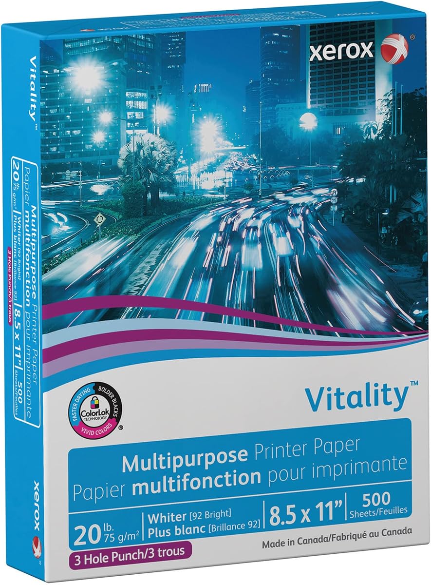 Xerox® Vitality™ Papel multiusos perforado para impresora y copia con 3 orificios, 1 resma, blanco, Carta (8,5" x 11"), 500 hojas por resma,