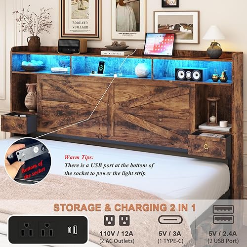 Miniatura 4 de Marcos de cama tamaño King con cabecera de almacenamiento y 4 cajones, marco de cama de plataforma estilo granja con estación de carga y luces LED,