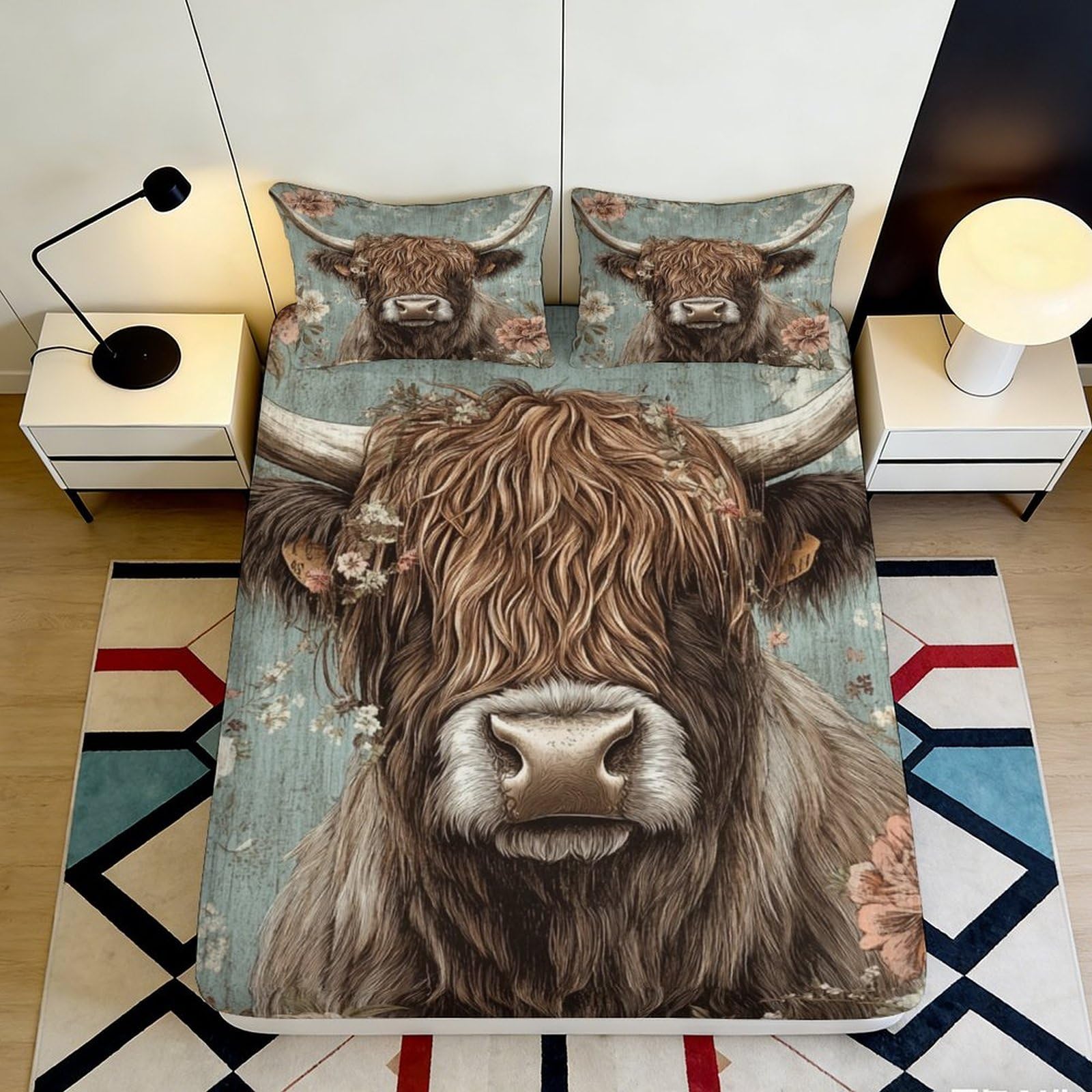 3D Printed Highland Cow Fitted Sheet Microfiber Soft Brown Cattle Bed Cover Anti-Slip for Bedroom Dorm Easy Care 140x200x25cm