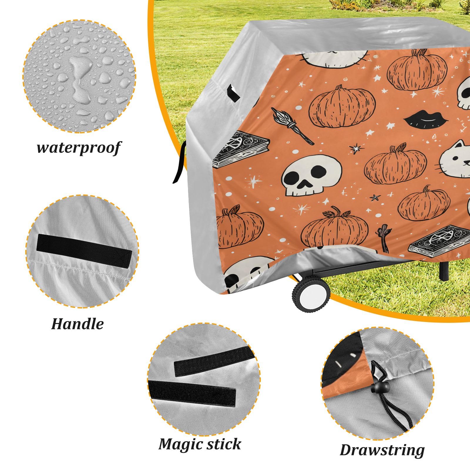 Wysokiej jakości pokrowiec na grilla wodoodporny pokrowiec na grilla odporny na blaknięcie pokrowiec na grilla wytrzymały pasuje do szerokości grilla do 60 cm pomarańczowa dynia magiczna książka wzór