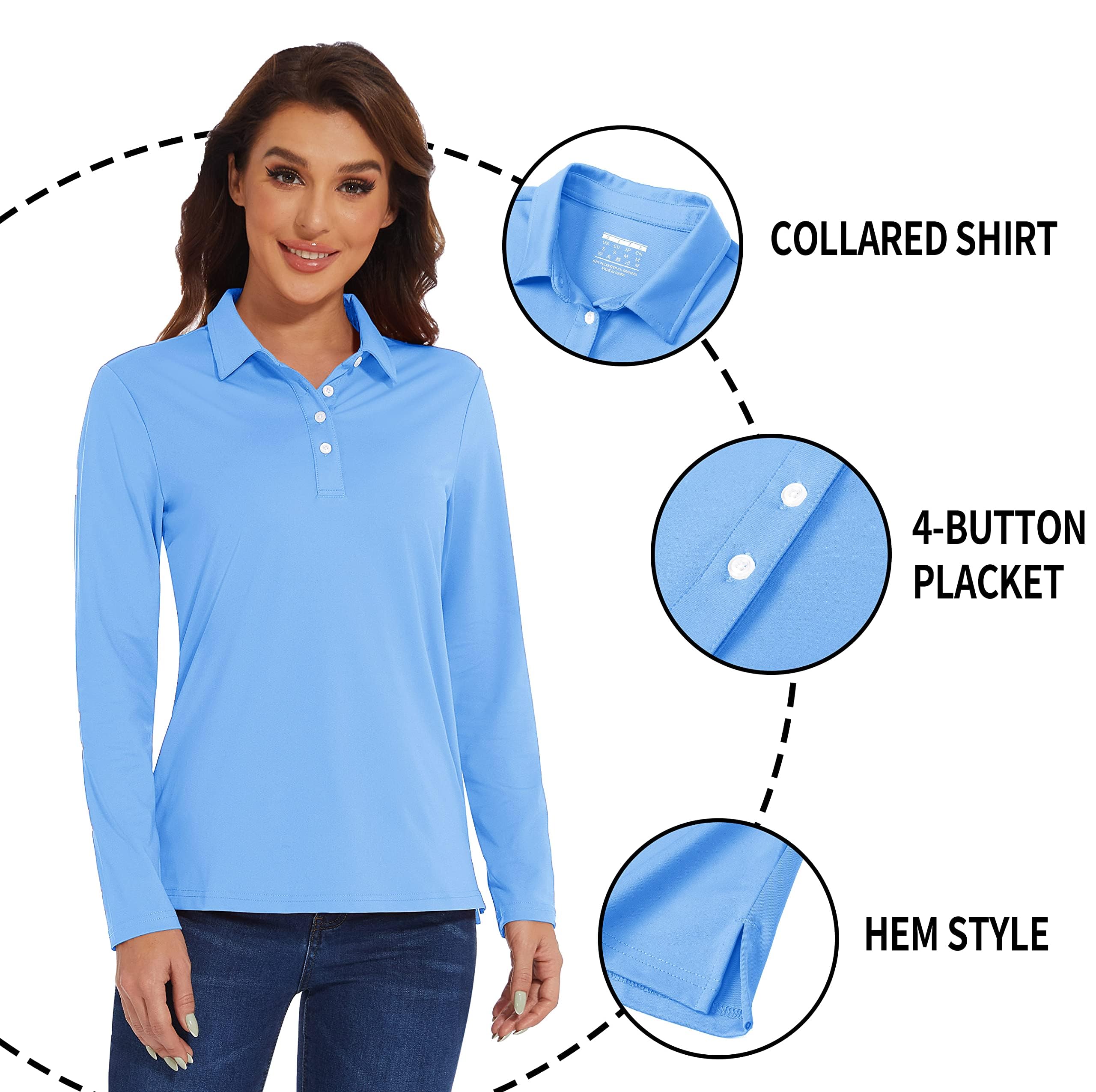 TACVASEN Hauts Polo à Manches Longues pour Femmes pour Golf et Tennis Séchage Rapide Léger Protection Solaire UPF 50+ Chemise avec 4 Boutons