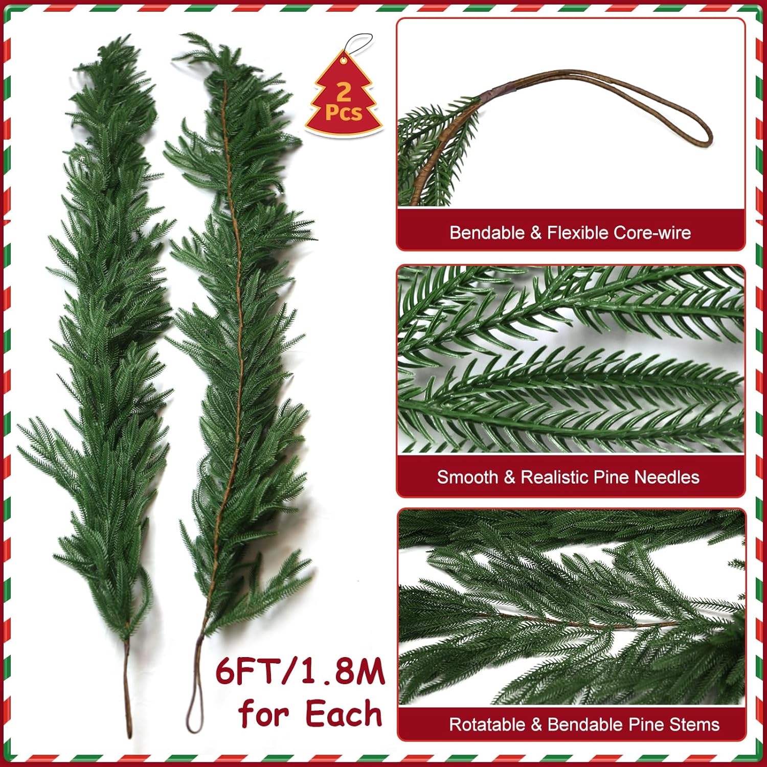 クリスマスガーランド 2個パック リアルタッチ 人工ノーフォークパインガーランド - リアルなPEグリーン マントル 暖炉 階段 屋