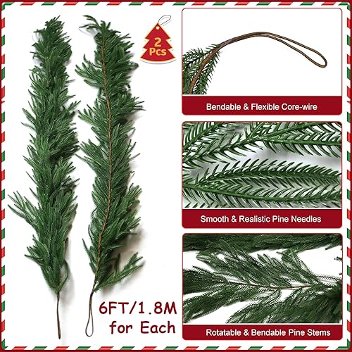 Miniatura 5 de Paquete de 2 guirnaldas de Navidad, guirnalda de pino Norfolk artificial de tacto real, vegetación realista de polietileno para manto, chimenea,