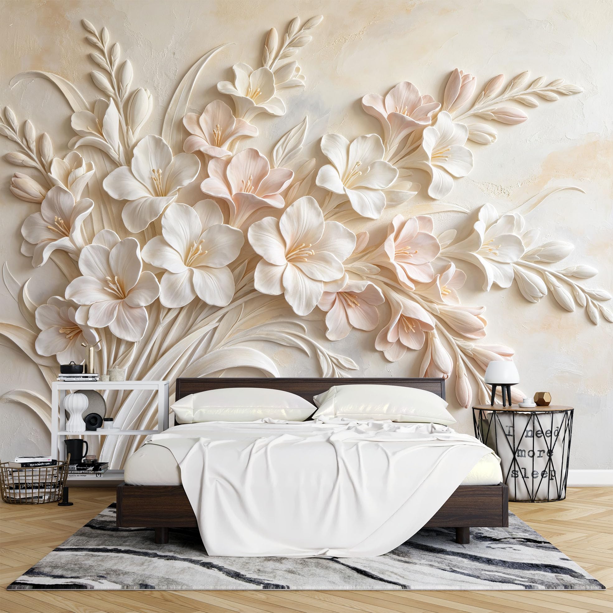 Papier Peint Mural Intissé À Motif Floral Freesia Rose Poudré 159 x 280 cm Papier Peint Photo 3D Décoration Fresque Murale Florale Moderne pour Salon Ou Chambre.