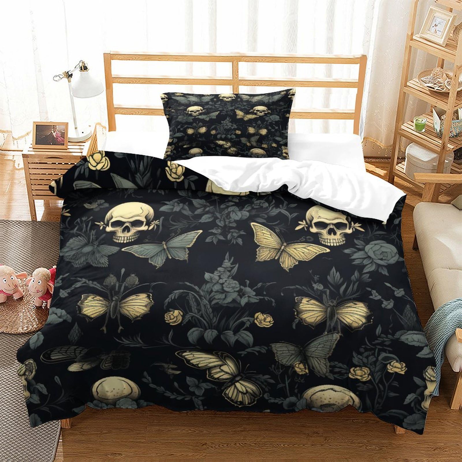 P1S9U7W5Y Gothic Skull Butterfly 3D Printed Duvet Cover Set 3pcs Microfiber Bedding Set Single