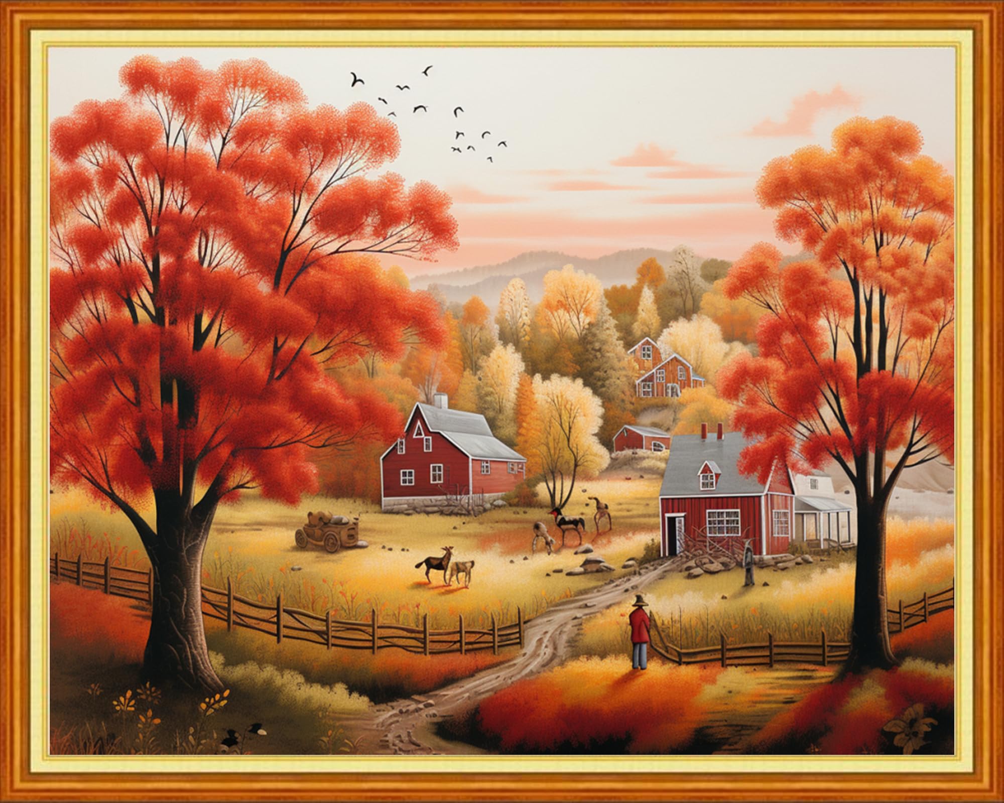DMCVIVR Stamped Cross Stitch Kits for Beginners Adults Needlepoint Kits for Beginners Embroidery Kits for Adults Crossstitch Kit for Beginners 11CT-Autumn Scenery 16x20 inchs