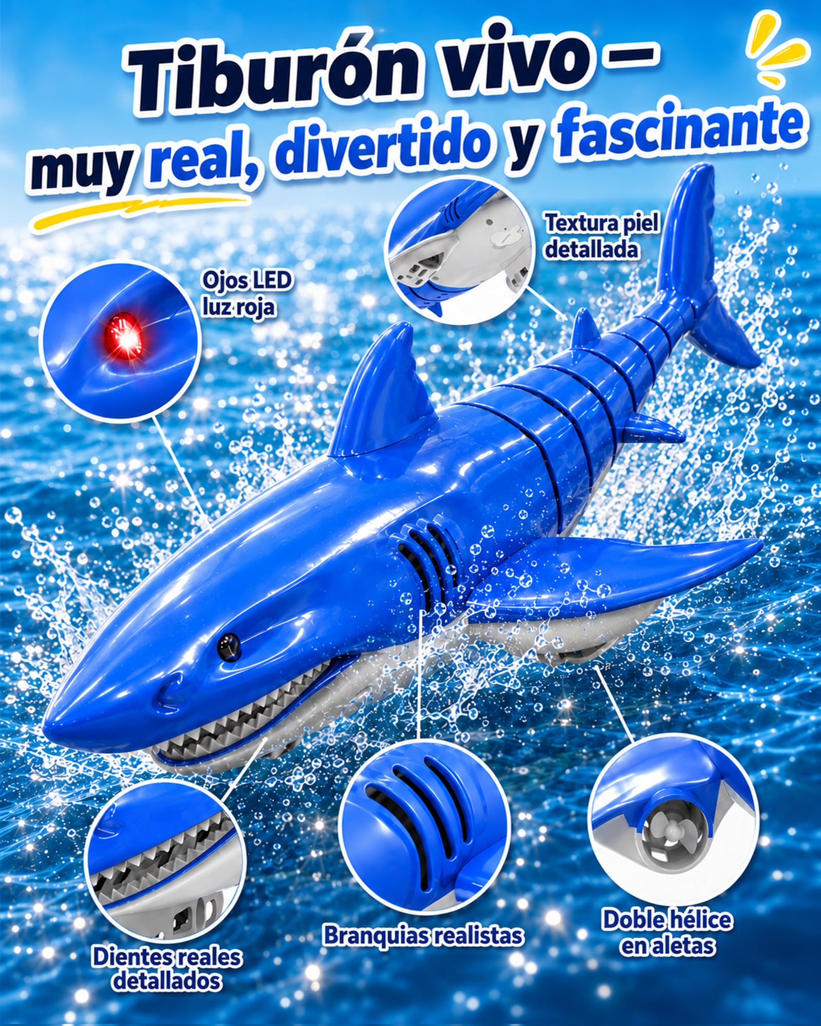 KOKODI Tiburón Robot con Control Remoto Luminoso para Niños a Partir de 3 Años – Juguete Acuático Impermeable para Piscina y Baño de Verano, Control Remoto Impermeable, Regalo de Cumpleaños Unisexo