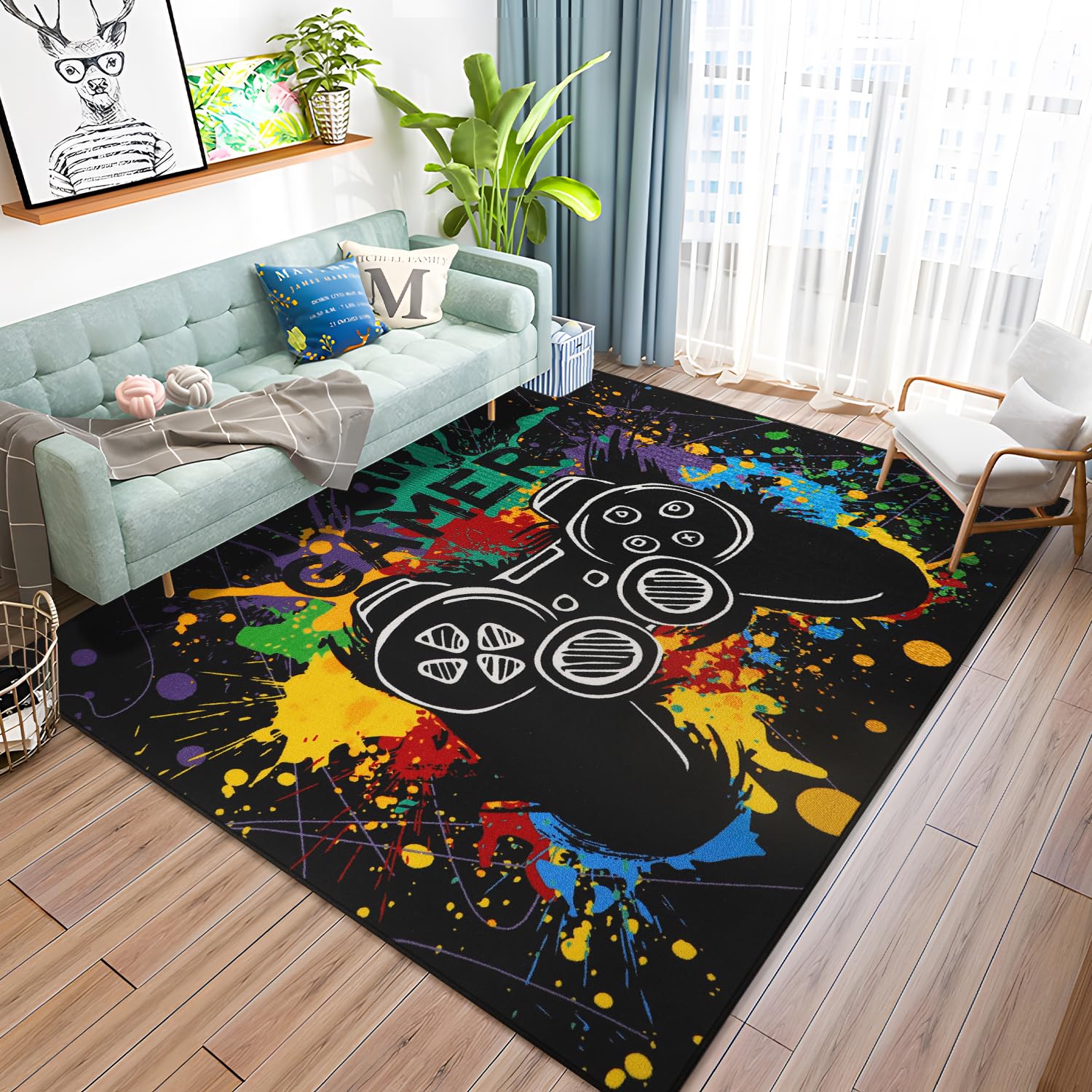 Capslpad Gaming Rug for Boys Room 150x200cm Machine Washable Gamer Controller Area Rugs Non-Slip 3D Printed Gamepad Kids Play Mat Short Pile Floor Carpet Rugs for Boys Teens Bedroom Living Room Decor