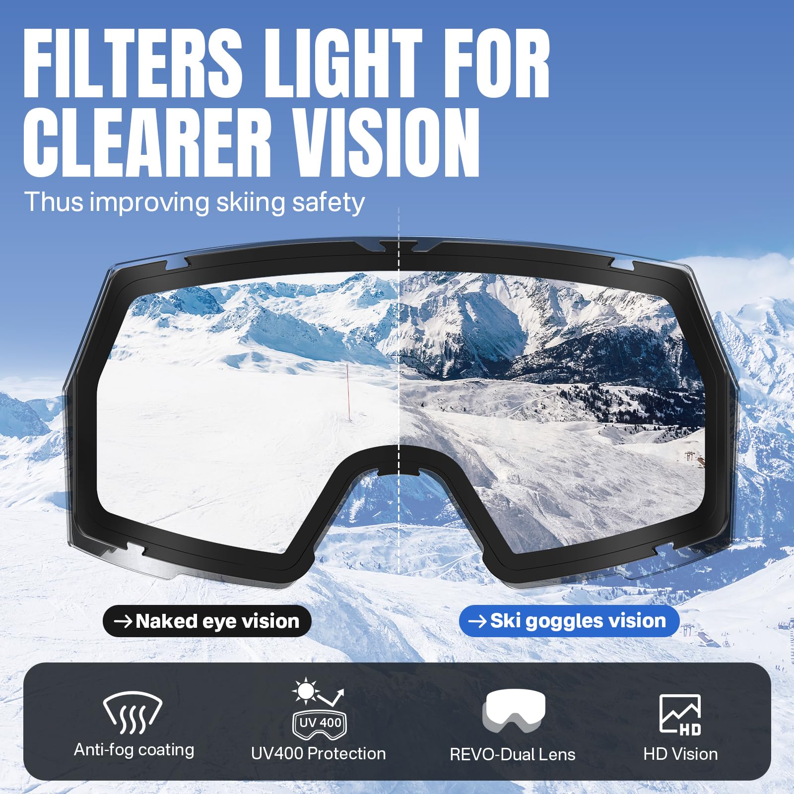 YOZISS Maschera da Sci uomo donna,OTG Maschera da Snowboard, Protezione UV400 Occhiali da Sci Snowboard, Occhiali da Motocross per ciclismo Equitazione Arrampicata Sci