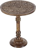 Deco 79 Handmade Mango Wood Floral Carved End Table, Dark Brown Round Accent Side Table 17x17x21 Traditional Farmhouse