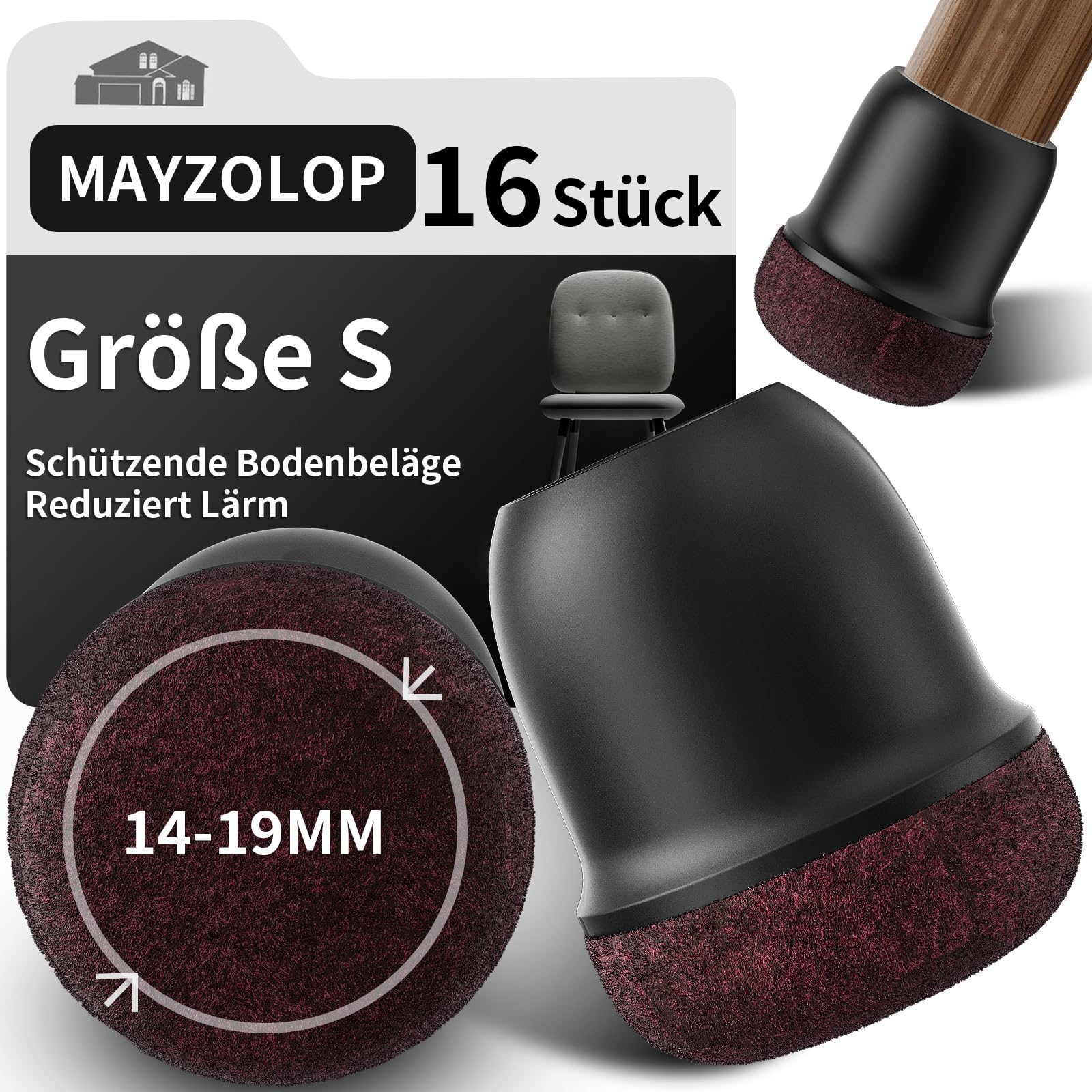 Schutzkappen Für Stuhlbeine mit Filz, Gummi Möbel Beinbecher, Tischbeinbezug, Möbelmatte für Hartholzböden Rund Schwarz, Durchmesser 14-19mm 16pcs