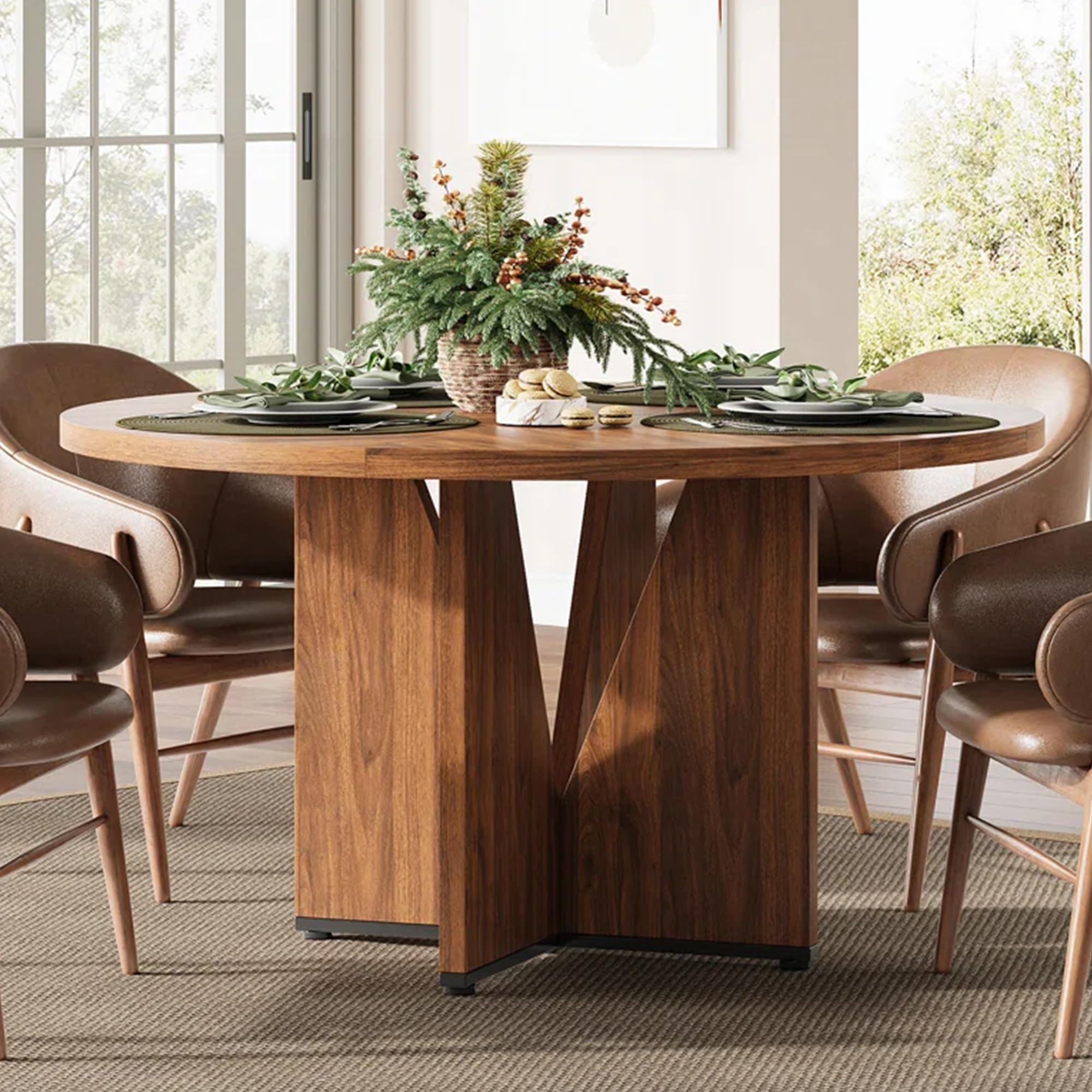 LIKEMET 47 Inch Round Dining Table, Wooden Dinner Table for 4, 1.2-inch Thick Tabletop and Legs, Kitchen Tables with Cross Base for Dining Room, Kitchen, Living Room, Walnut(Table Only)