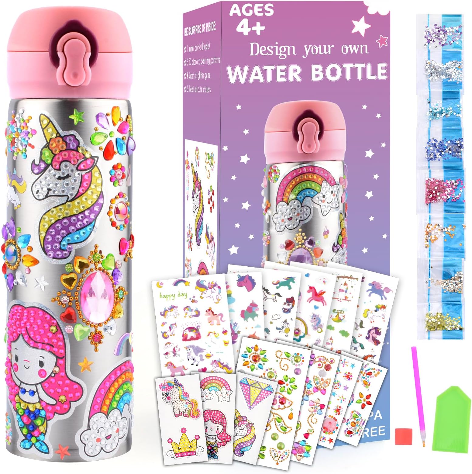 Decorate Your Own Water Bottle, Birthday Mothers Day Gifts for Kids Age 4 5 6 7 8 9 10 Years Old Kids with Unicorn Rhinestone Glitter Gem Stickers Craft Kit BPA Free Stainless Steel Insulated Mug 17OZ