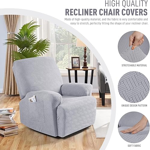 Vista 114 de KinCam Fundas para sillas reclinables, funda elástica y reclinable, fundas para sofá reclinable, fundas de sofá reclinable a rayas, fundas Gris