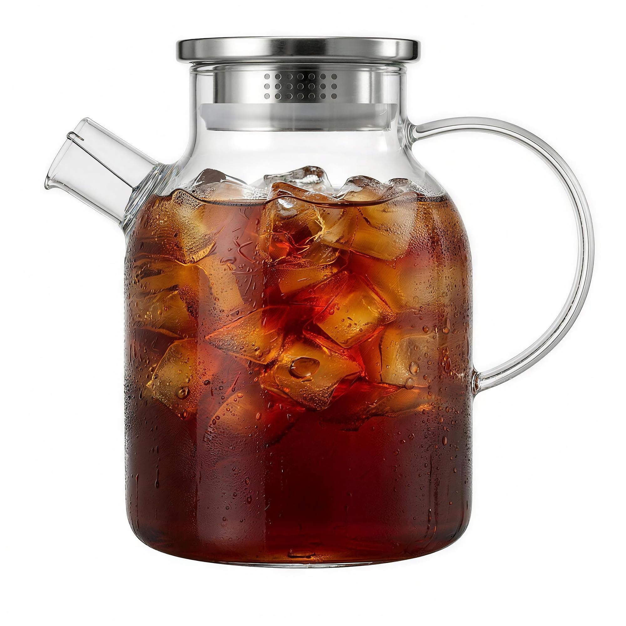 Glass Water Jug with Stainless Steel Lid, 1.8 Litre Borosilicate Glass Pitcher for Fridge Door, Hot & Cold Beverage Carafe with Handle, Clear Transparent Juice Dispenser, Microwave & Freezer Safe
