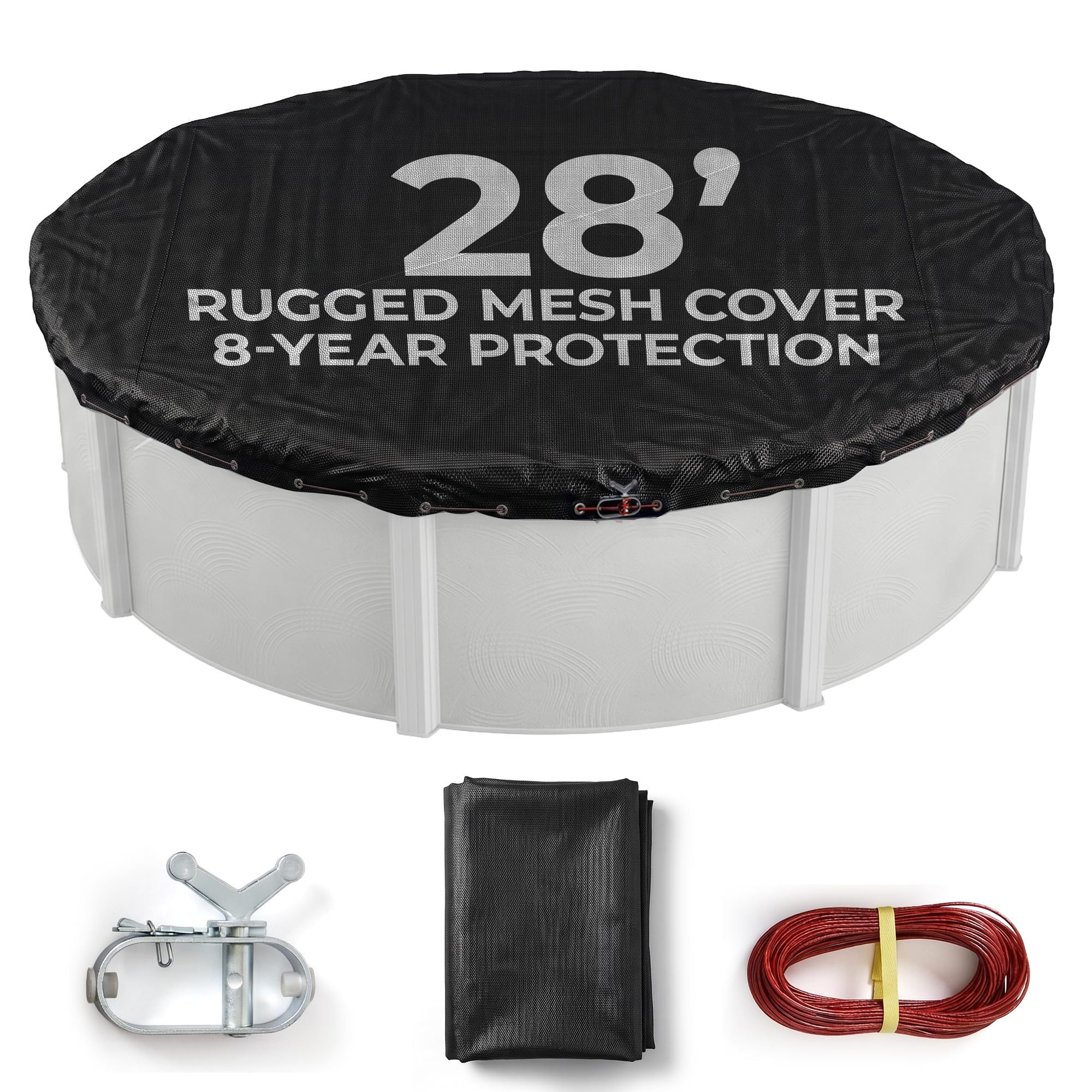 Blue Wave Rugged Mesh 28-ft 8-Year Above Ground Pool Cover for Winter – Fine Mesh Debris Barrier – 4-Ft Overlap, Reinforced Grommets, Vinyl-Coated Cable, Metal Winch – Black Finish - BWC610-image-8