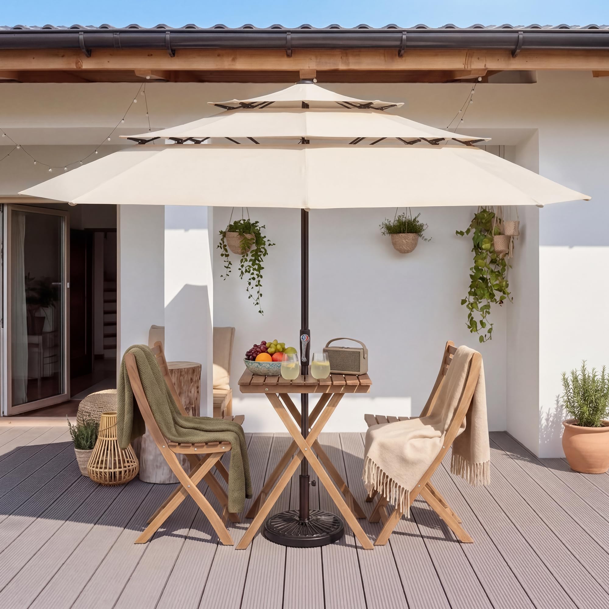 LUE BONA Sombrilla de Terraza, Sombrilla de Jardín de 300 cm, Toldo Ventilado de Tres Capas, Ángulo Ajustable, 8 Varillas y Manivela, Diseño Resistente al Viento